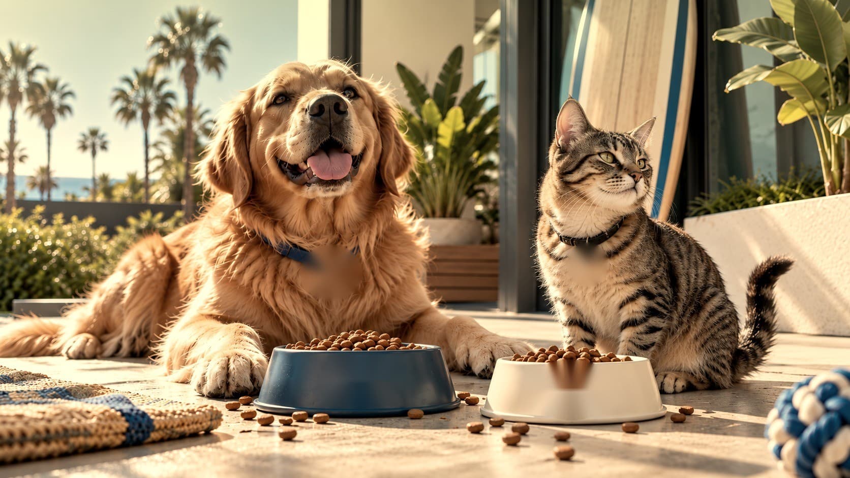 Un golden retriever y un gato atigrado junto a sus platos de comida, al sol en una terraza
